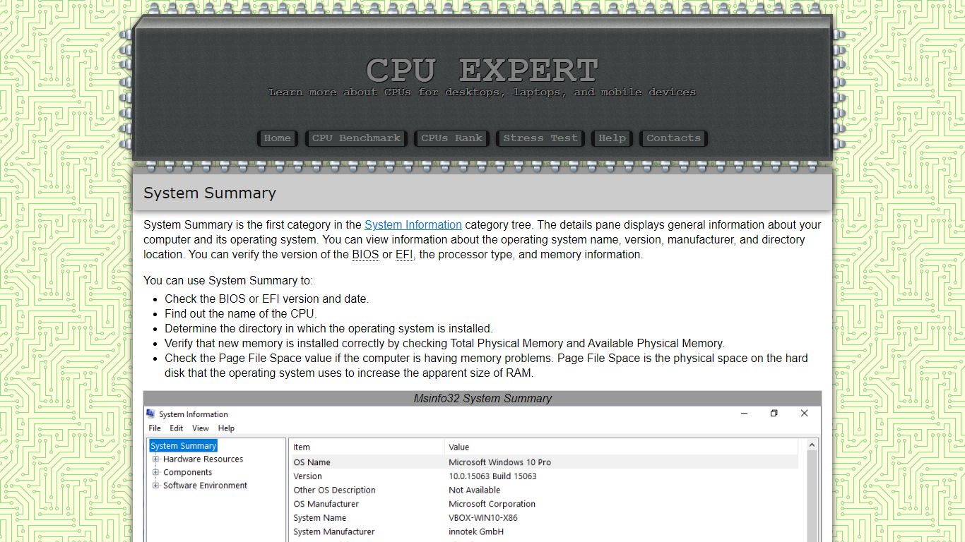 System Summary | Categories | Msinfo32 | Help | CPU Expert - cpux.net