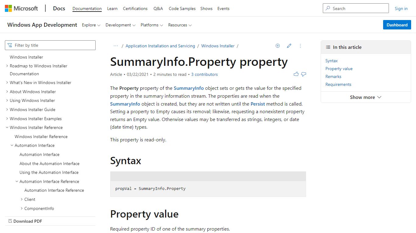 SummaryInfo.Property property - Win32 apps | Microsoft Docs